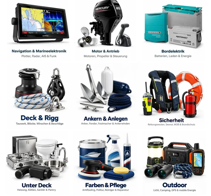 Categories in the shop lepper-marine.de: navigation, engine, on-board electrics, deck and rigging and more