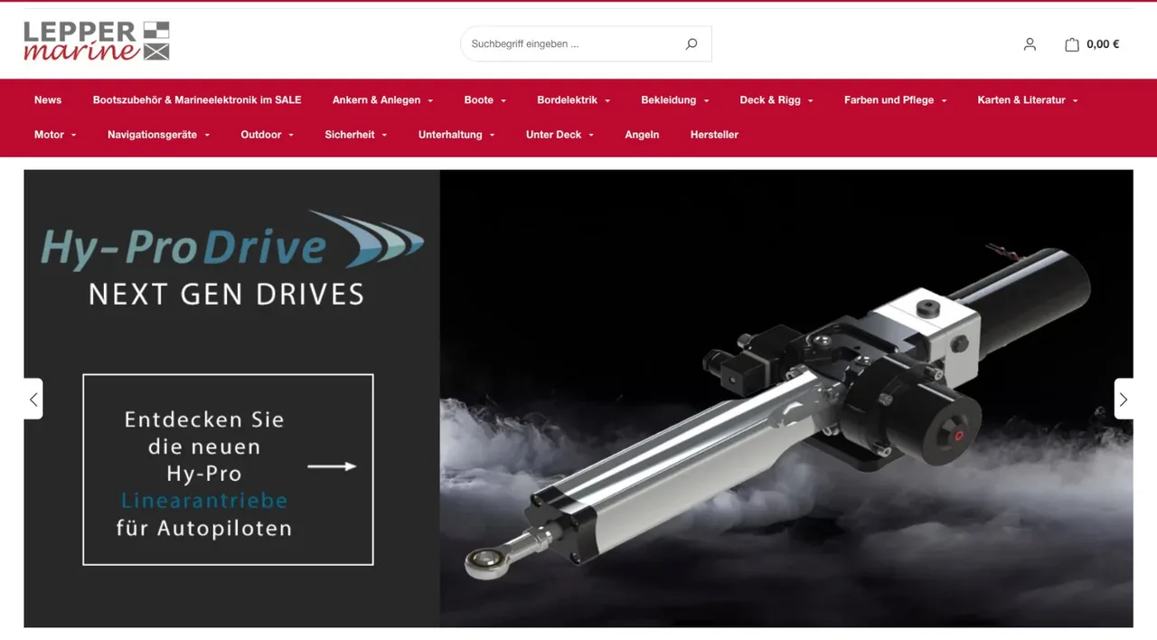 Home page of the shop lepper-marine.de with navigation and main banner
