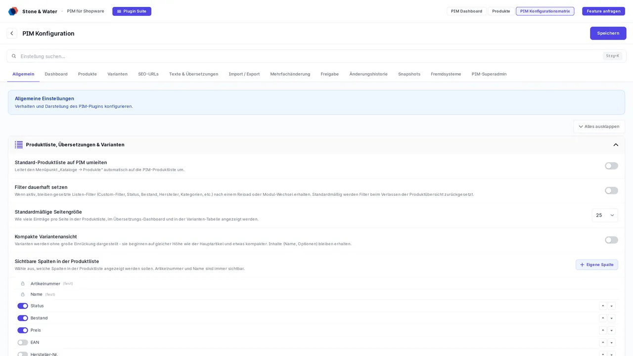 Konfigmatrix im PIM für Shopware: Tabs für Änderungshistorie, Snapshots und Fremdsysteme