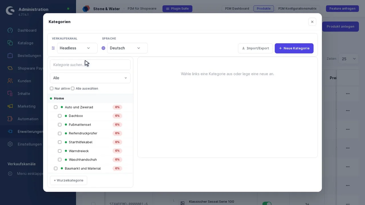 Kategorien im PIM für Shopware: Kategoriebaum mit Beschreibung und SEO