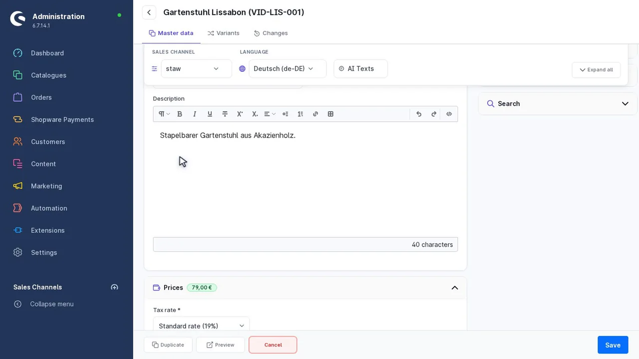 AI texts in PIM for Shopware: dialog with context, target fields, tone and languages