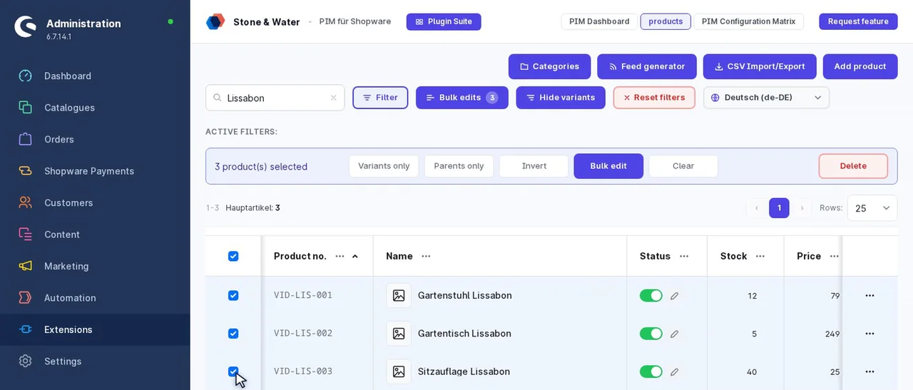 Bulk edit in PIM for Shopware: assignment for many selected products