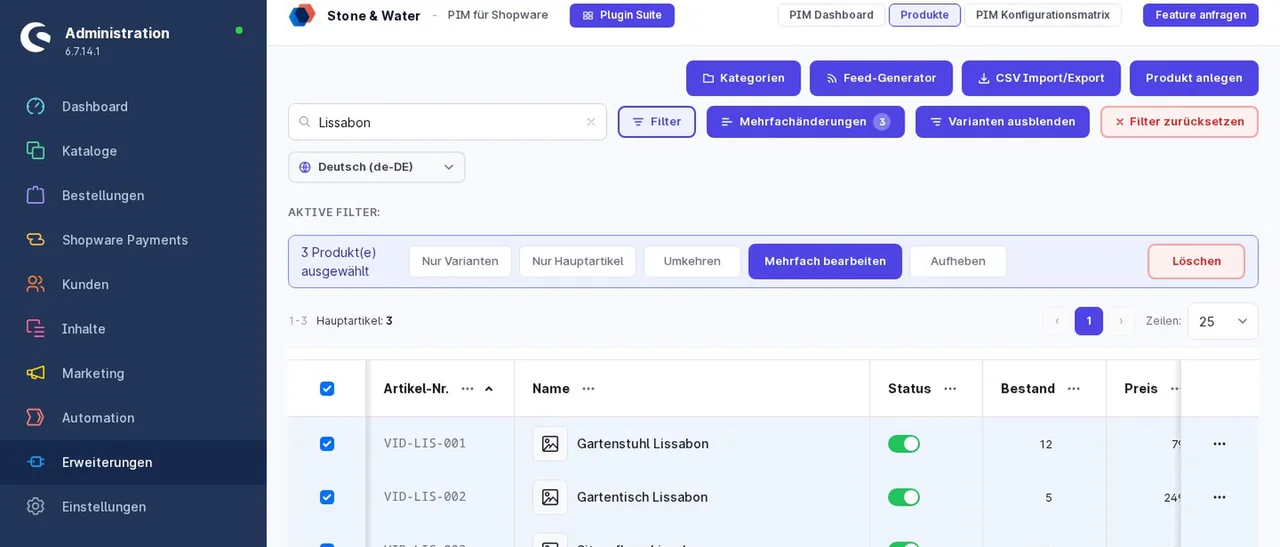 Mehrfachänderung im PIM für Shopware: Zuordnung mit Eigenschaften